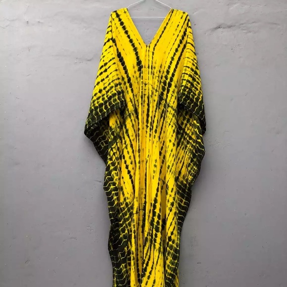 Yellow & Black Bohemian Tie Dye Kaftan Kimono Dress - Picture 3 of 9